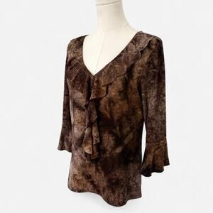 VTG Y2K Dressbarn Brown & Orange Tie Dye Floral Ruffle Bell Sleeve Top M/L